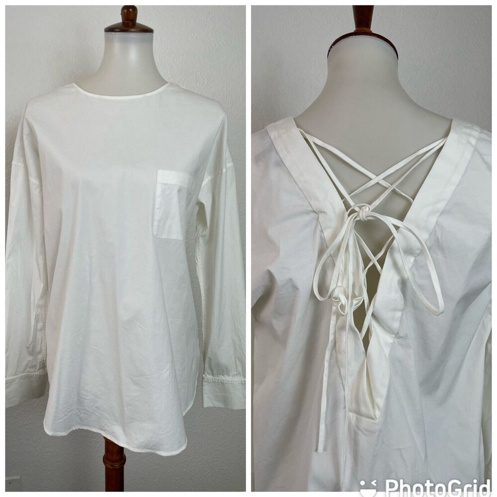 Theory Top Blouse Women Sz M Lace Up Back Cotton Stretch White FLAW